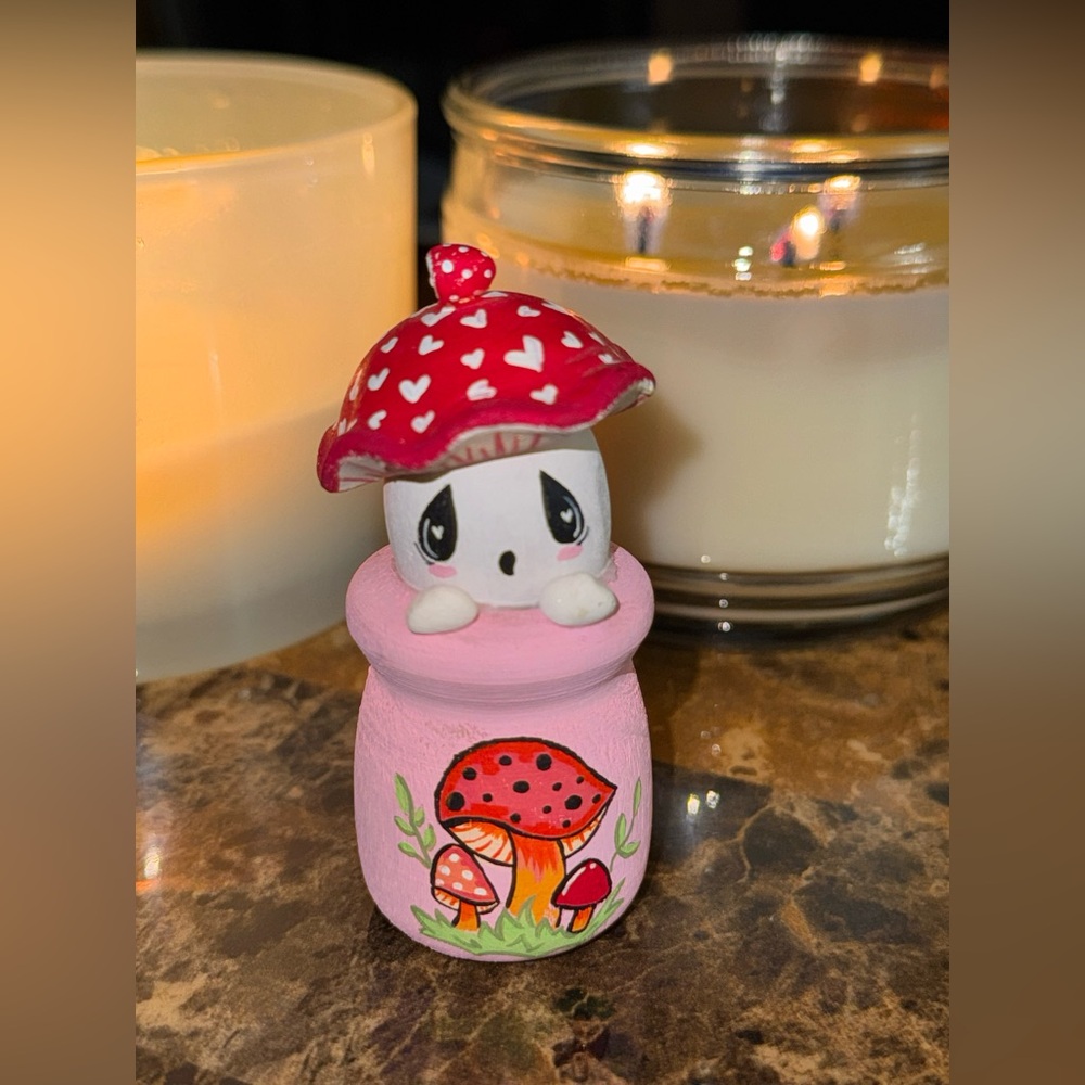 🍄👻 Handmade Ghost Merry Mushroom Jar – Carved Wood Art Decor